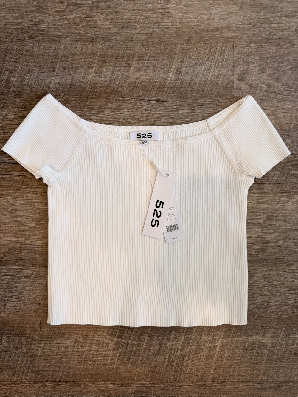 NWT 525 Off-The-Shoulder Ribbed Knit Crop Top White Sz S Soft Stretch Minimalist